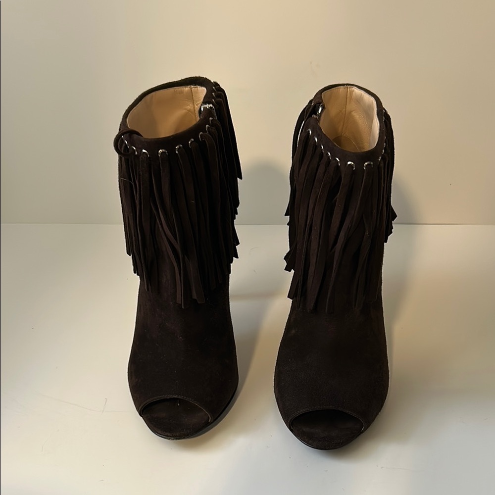 Fringed Brown High Heel Ankle Boots - Picture 3 of 6